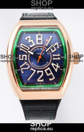 Franck Muller Vanguard Crazy Hours in Rose Gold Plating - Steel Blue Dial Swiss Replica Watch 