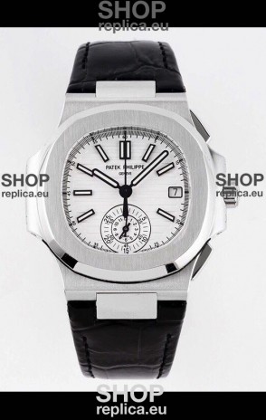 Patek Philippe Nautilus 5980/1A 904L Steel Case in White Dial Leather Strap - 1:1 Mirror Replica