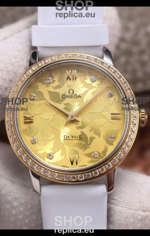 Omega De Ville Floral Dial Swiss Quartz Movement in Two Tone Casing - Gold Dial