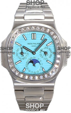 Patek Philippe Nautilus 5740 Perpetual Calendar White Gold Tiffany Dial Diamonds Bezel Swiss Replica Watch 