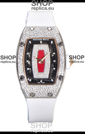 Richard Mille RM007 Diamonds Paved White Strap Red Dial 904L Steel Superclone Swiss Watch