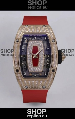 Richard Mille Super Clone RM07-01 Diamonds Paved 904L Rose Gold Casing Automatic Replica Watch