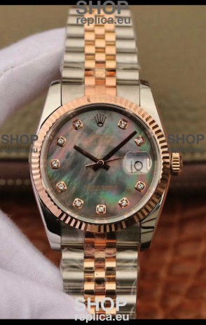 Rolex Datejust 36MM Cal.3135 Movement Swiss Replica Watch in 904L Steel Two Tone Casing Pearl Dial