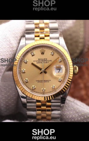 Rolex Datejust 36MM Cal.3135 Movement Swiss Replica Watch in 904L Steel Two Tone Casing Gold Dial