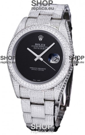 Rolex Datejust 41MM Swiss Replica - Iced Out Edition in Black Dial 
