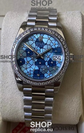 Rolex Datejust Ladies 31MM Cal.3135 Movement Swiss Replica Blue Motif Diamonds Bezel in 904L Steel Casing