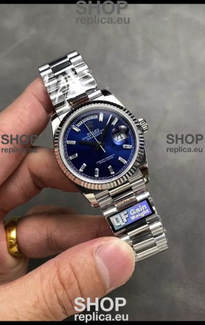 Rolex Day Date Super Clone Stainless Steel Blue Dial Crystal Numerals Watch 36MM - 1:1 Mirror Quality