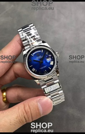 Rolex Day Date Super Clone Stainless Steel Blue Dial Large Roman Numerals Watch 36MM - 1:1 Mirror Quality