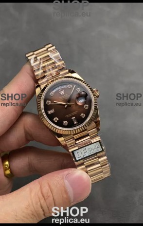 Rolex Day Date Super Clone Rose Gold Brown Dial Diamonds Numerals Watch 36MM - 1:1 Mirror Quality