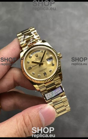 Rolex Day Date Super Clone Yellow Gold Casing and Dial Diamonds Numerals Watch 36MM - 1:1 Mirror Quality
