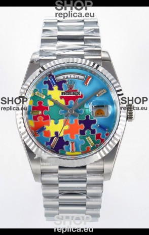 Rolex Day Date Emoji Jig-Saw Puzzle Stainless Steel Casing Swiss Replica Watch 
