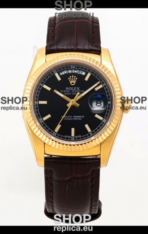 Rolex Day Date Yellow Gold 904L Steel Casing Watch in Black Dial 36MM - 1:1 Mirror Quality