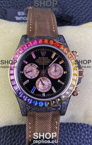 Rolex Daytona DiW Carbon Edition Rainbow Bezel - Forged Carbon Casing Khaki Strap 1:1 Mirror Replica