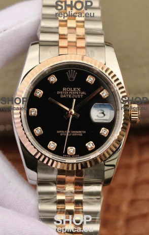 Rolex Datejust 36MM ETA-3135 Movement Swiss Replica in 904L Two Tone Black Dial
