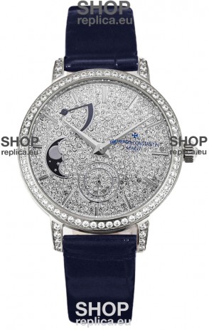 Vacheron Constantin Traditionelle Moon Phase Diamond Paved Dial in White Gold Swiss Replica