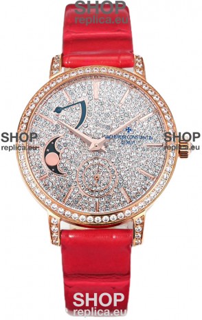 Vacheron Constantin Traditionelle Moon Phase Diamond Paved Dial in Rose Gold Swiss Replica
