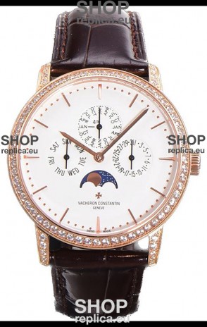 Vacheron Constantin Patrimony Perpetual Calendar Ultra-Thin Rose Gold White Dial Swiss Replica