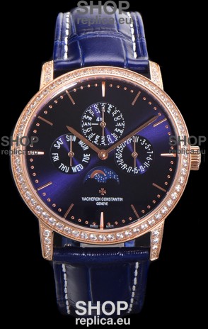 Vacheron Constantin Patrimony Perpetual Calendar Ultra-Thin Rose Gold Blue Dial Swiss Replica