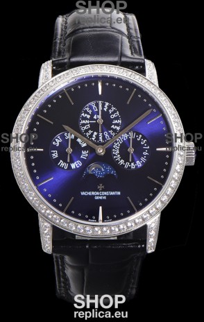 Vacheron Constantin Patrimony Perpetual Calendar Ultra-Thin White Gold Blue Dial Swiss Replica