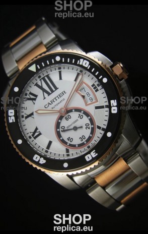Calibre De Cartier Watch 42MM Black Dial Two Tone Case White Dial - 1:1 Mirror Replica Watch