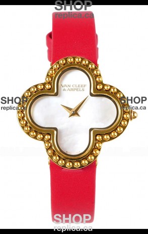 Van Cleef & Arpels Alhambra Yellow Gold Red Strap Watch 