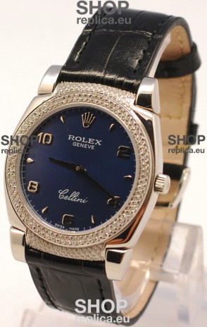 Rolex Cellini Cestello Ladies Swiss Watch in Dark Blue Face Diamonds Bezel and Lugs
