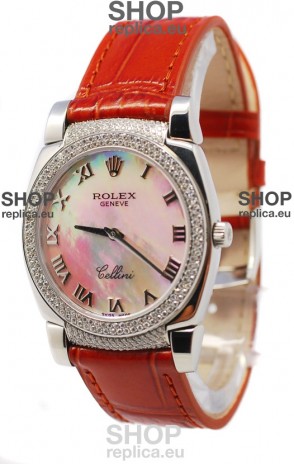 Rolex Cellini Cestello Ladies Swiss Watch White Pearl Roman Face Diamonds Bezel and Lugs