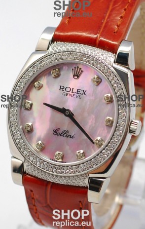 Rolex Cellini Cestello Ladies Swiss Watch in Pink Pearl Face Diamonds Hour, Bezel and Lugs