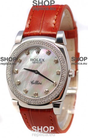 Rolex Cellini Cestello Ladies Swiss Watch in White Pearl Face Diamonds Bezel and Hours Markers