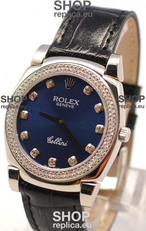 Rolex Cellini Cestello Ladies Swiss Watch in Dark Blue Face and Diamond Bezel