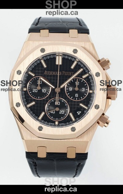 Royal Oak Chrono 26240 Rose Gold Black Dial Leather Strap Super Clone Watch 