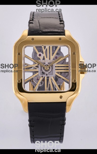 Santos De Cartier Super Clone Watch in Skeleton Dial Rose Yellow Case