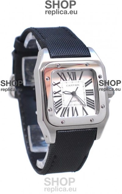Cartier Santos 100 Japanese Ladies Replica Watch in Black Satin Strap