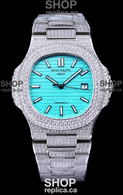Patek Philippe Super Clone Nautilus 5711/1A Diamonds Paved Edition Tiffany Blue Dial