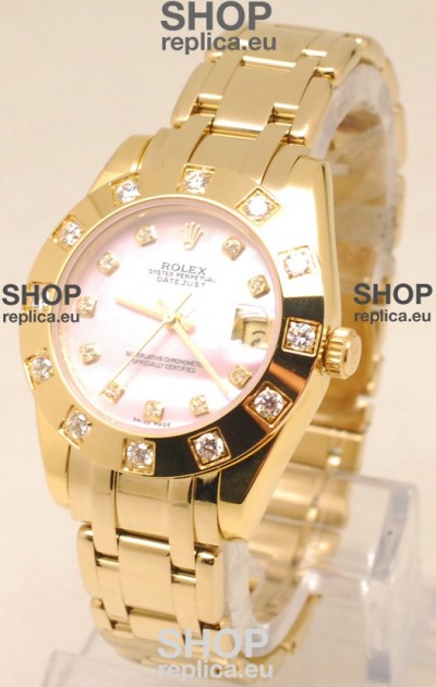 Rolex Datejust Pearlmaster Swiss Replica Gold Watch in Pink Pearl Dial -34MM