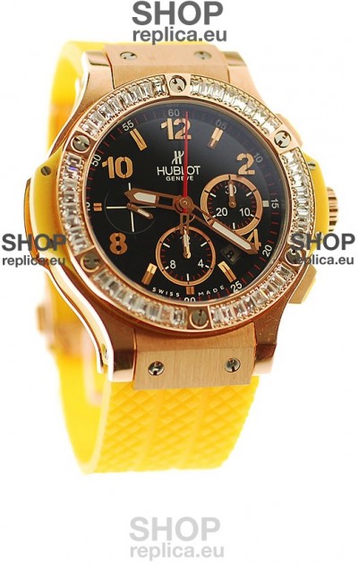 Hublot Big Bang Swis Watch Yellow Strap Black Dial Pink Gold Case