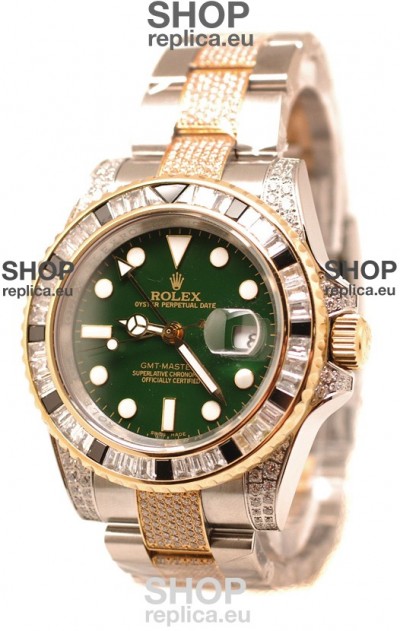 Rolex GMT Masters II 2011 Edition Swiss Replica Two Tone Watch with Diamonds Casing and Bezel