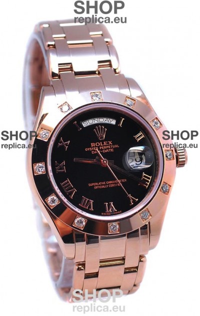 Rolex Day Date Rose Gold Swiss Replica Watch in Diamond Bezel