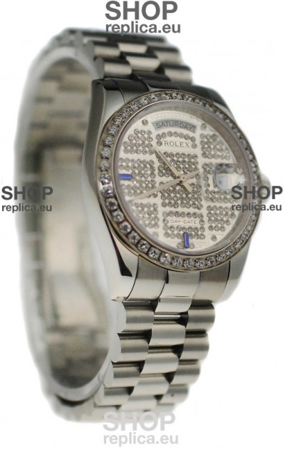 Rolex Day Date Silver Swiss Mens Watch in Diamond Dial