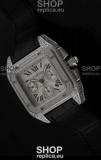 Cartier Santos Swiss Replica Watch with Diamonds Embedded Casing