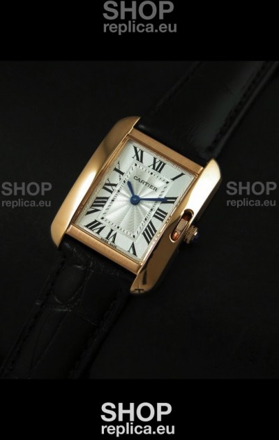 Cartier Louis Japanese Replica Ladies Rose Gold Watch in Black Strap