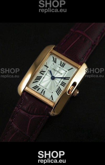 Cartier Louis Japanese Replica Ladies Rose Gold Watch in Red Wine Strap