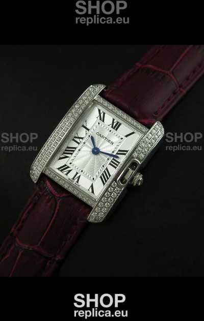 Cartier Louis Japanese Replica Ladies Diamond Watch in Brown Strap