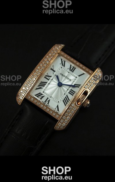 Cartier Louis Japanese Replica Ladies Rose Gold Diamond Watch in Black Strap
