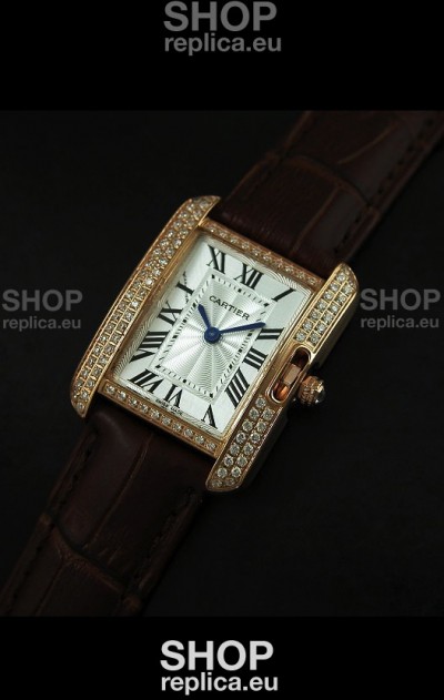 Cartier Louis Japanese Replica Ladies Rose Gold Diamond Watch in Brown Strap