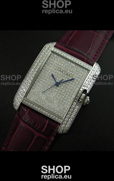 Cartier Tank Anglaise Ladies Replica Watch in Steel/Maroon Strap