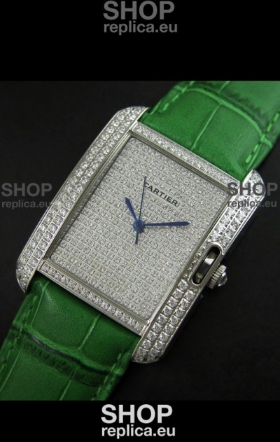 Cartier Tank Anglaise Ladies Replica Watch in Steel/Green Strap