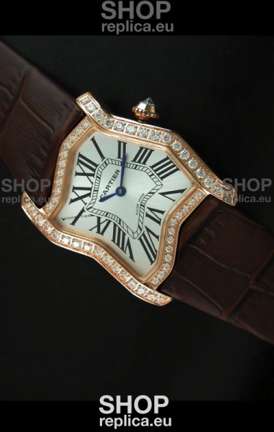 Cartier Tank Folle Ladies Replica Watch in Yellow Gold Case/Brown Strap