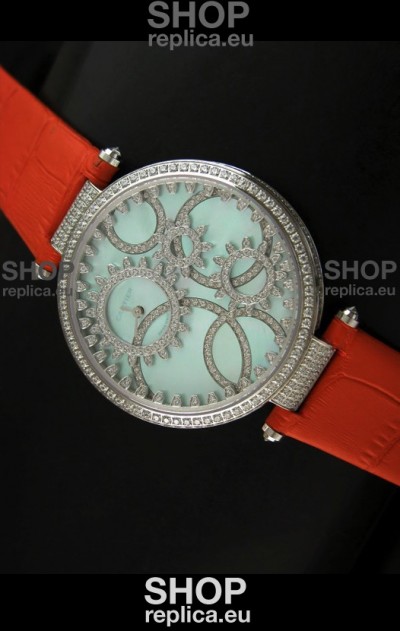 Cartier Replica Watch with Diamonds Embedded Dial Bezel in Steel Case/Orange Strap