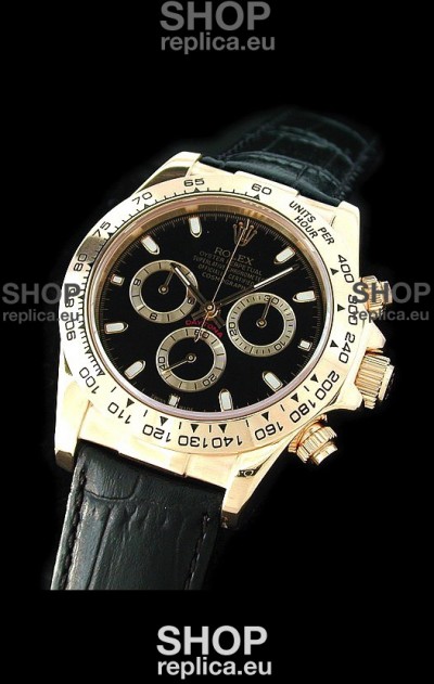 Rolex Daytona Cosmograph Swiss Replica Gold Watch in Black Leather Strap